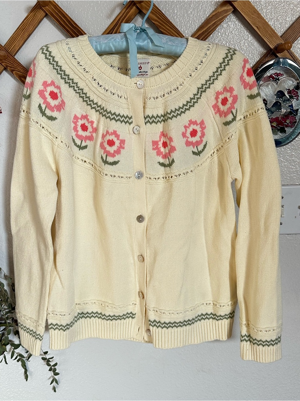 Appleseed's Cream Cardigan with Pink Floral Yoke and Green Trim